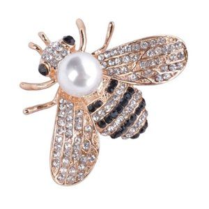 Gold Rhinestone Freshwater Pearl Bumble Bee Brooch